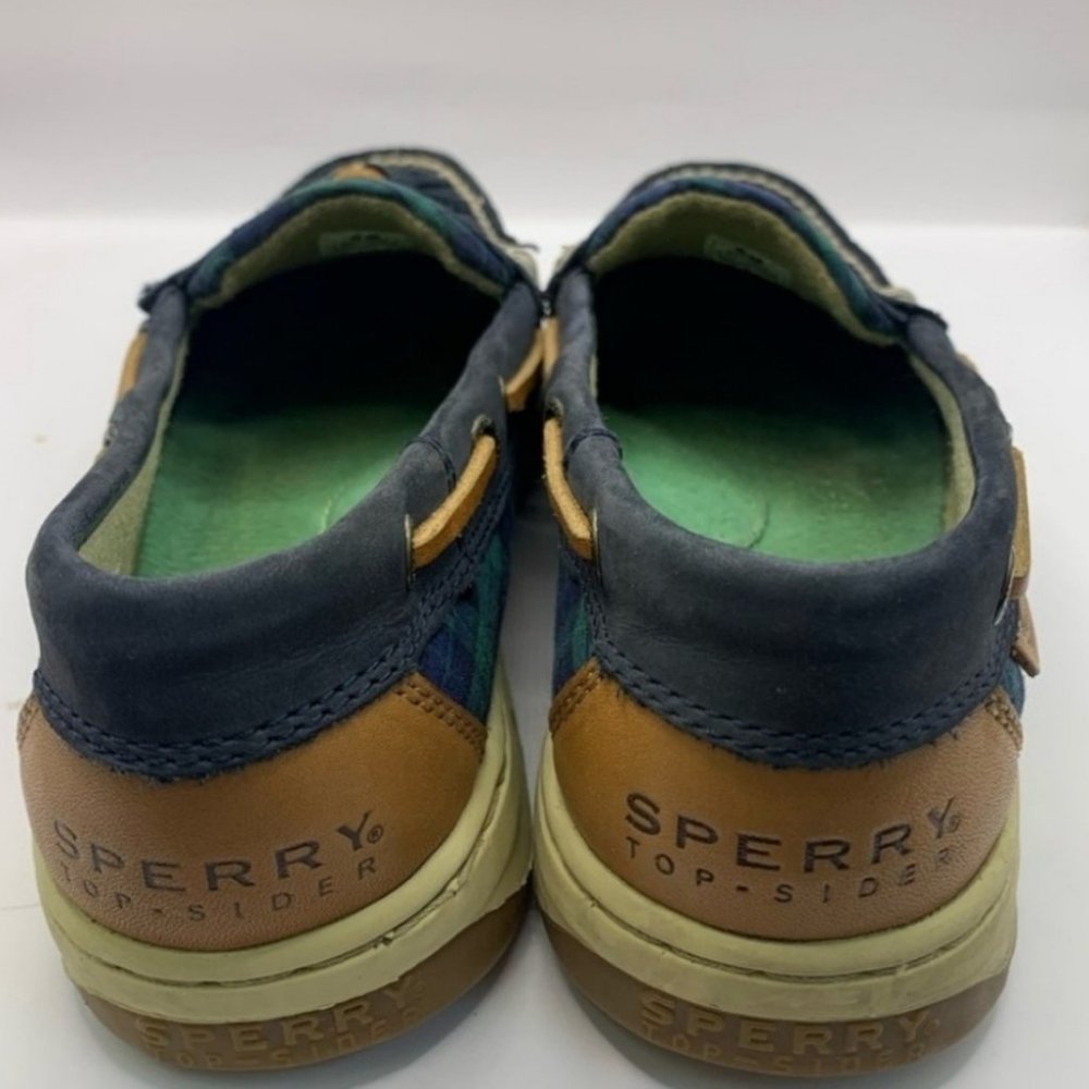 SPERRY women's size 8 leather blue boat shoes flawless with plaid accents